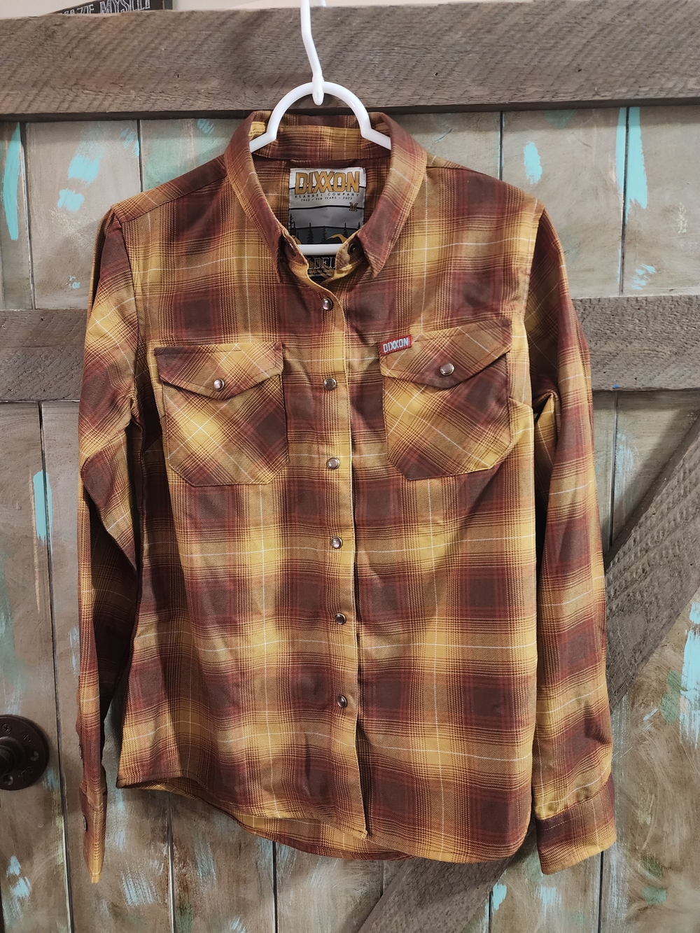 DIXXON Womens Yellow & Brown Plaid Button-Down Flannel[Goldfield]